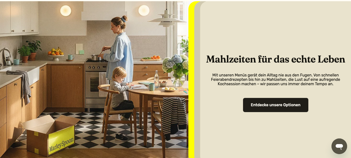 Startseite von Marley Spoon mit Küchenszene und Marley-Spoon-Versandbox.