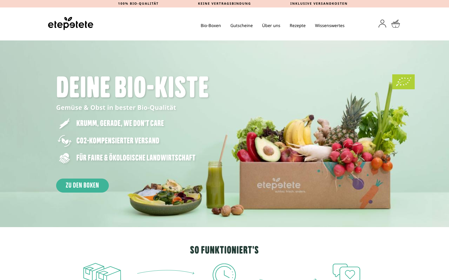 etepetete Startseite Screenshot Bio Obst Gemüsekiste