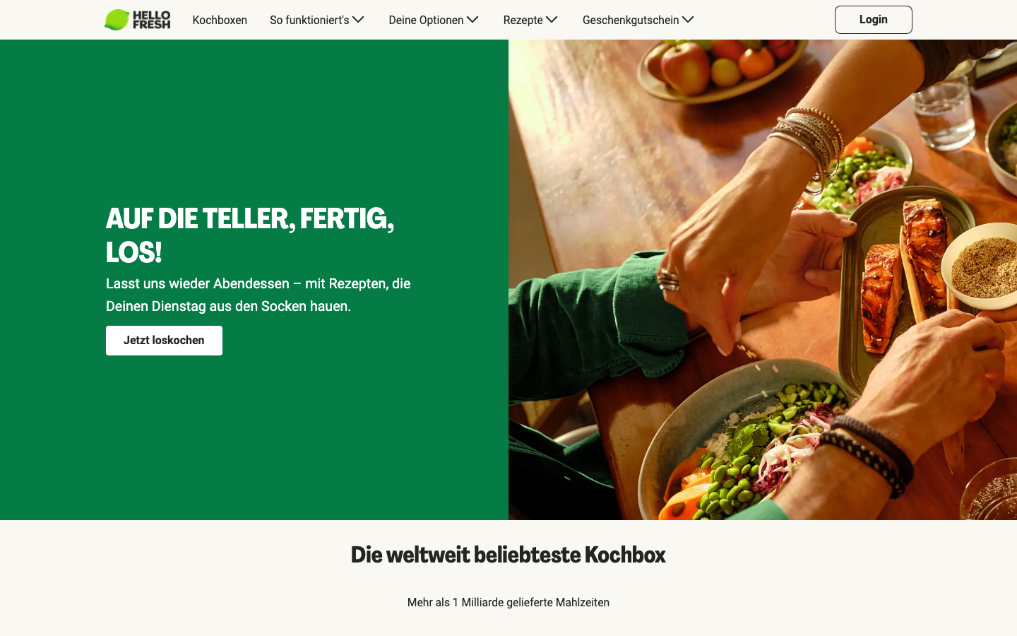 HelloFresh Startseite Screenshot Kochbox Anbieter