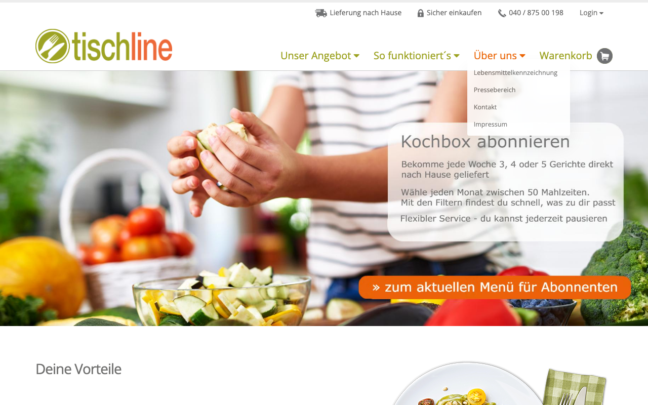Tischline Webseite - glutenfreie Kochboxen ohne Abo bestellen