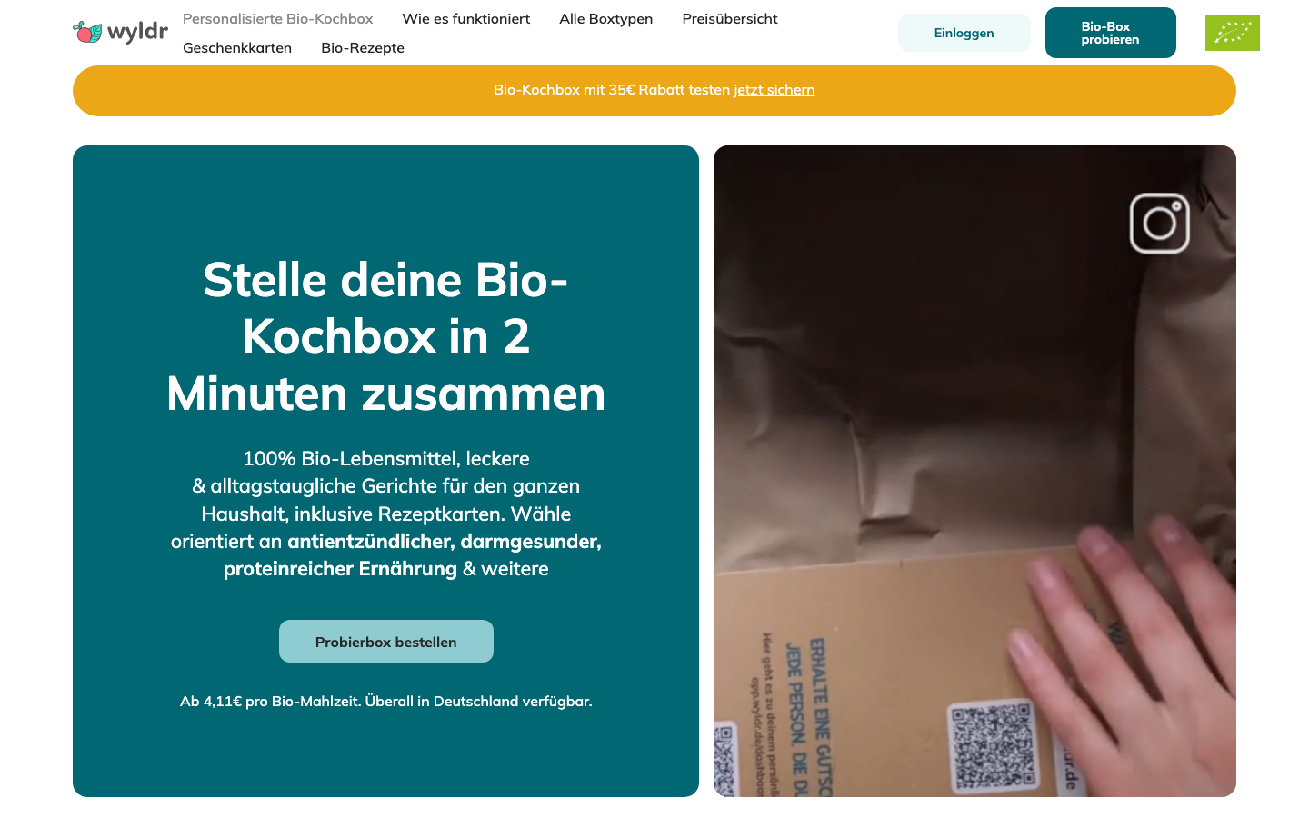 wyldr Startseite Screenshot Bio Kochbox