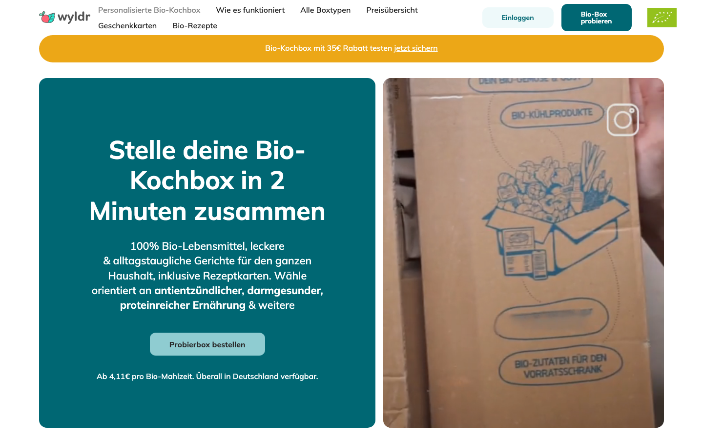 Startseite von wyldr mit Bio-Kochbox-Angebot und Rabattaktion.