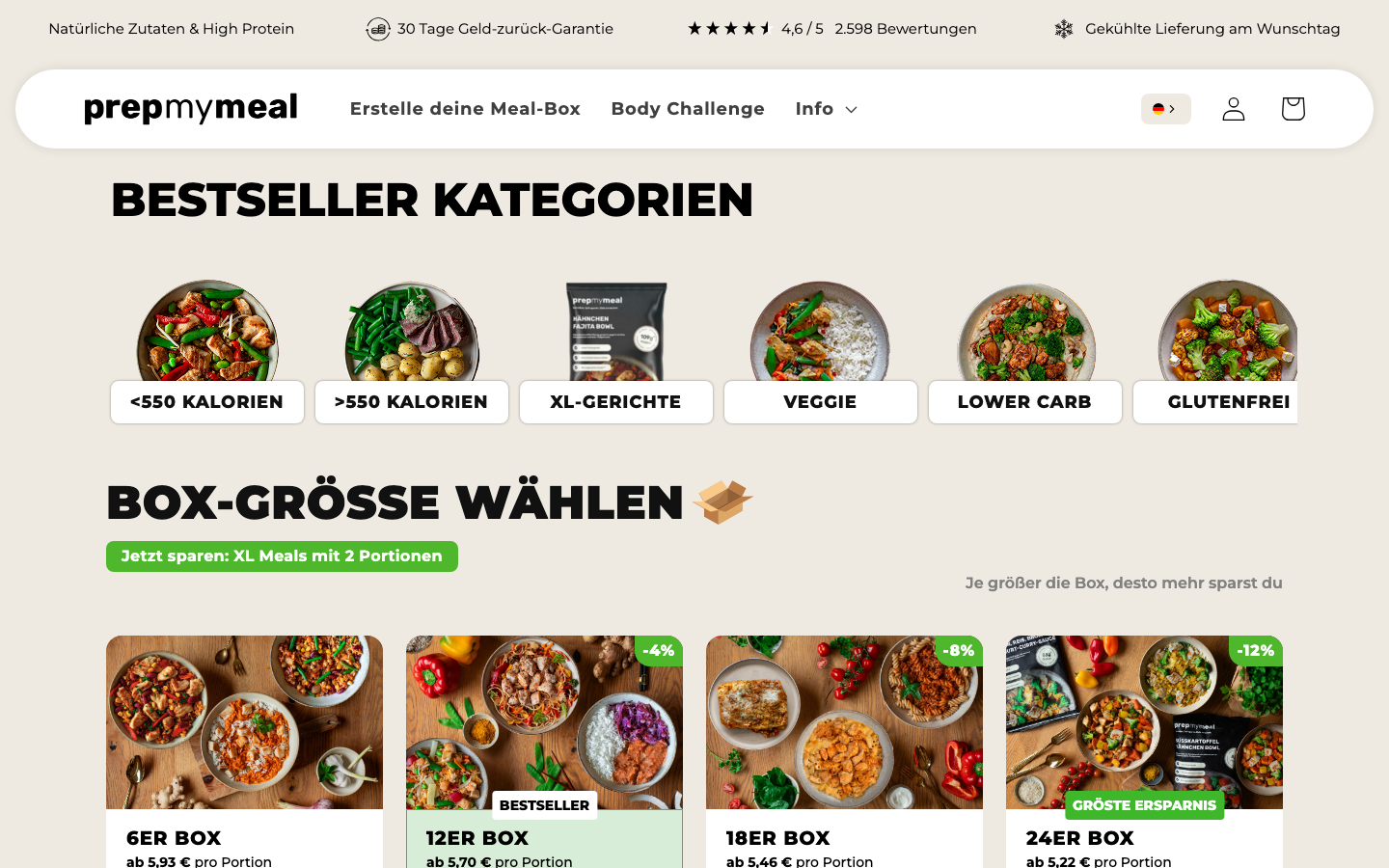 PrepMyMeal Homepage – tiefgefrorene High-Protein Mahlzeiten günstig bestellen