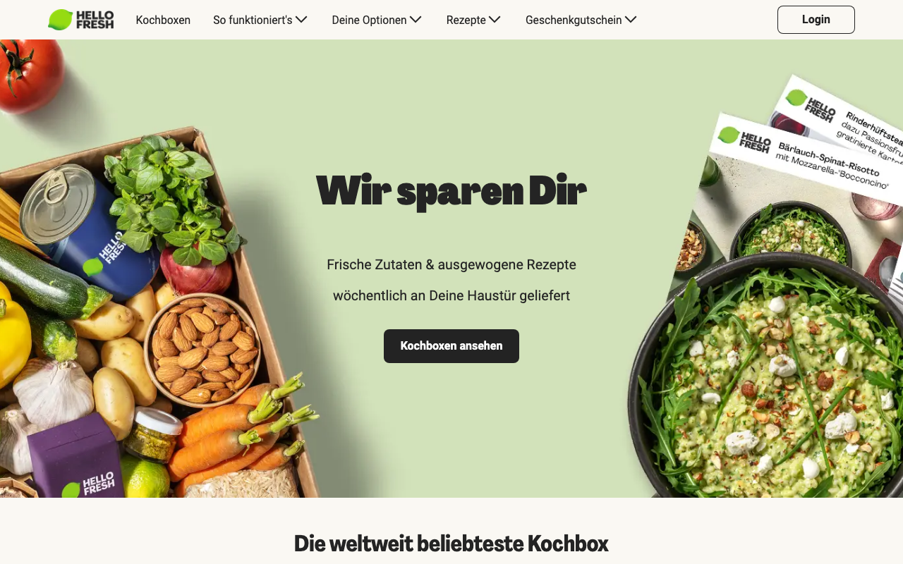 Screenshot der HelloFresh-Website: Startseite mit Rezeptboxen-Angebot
