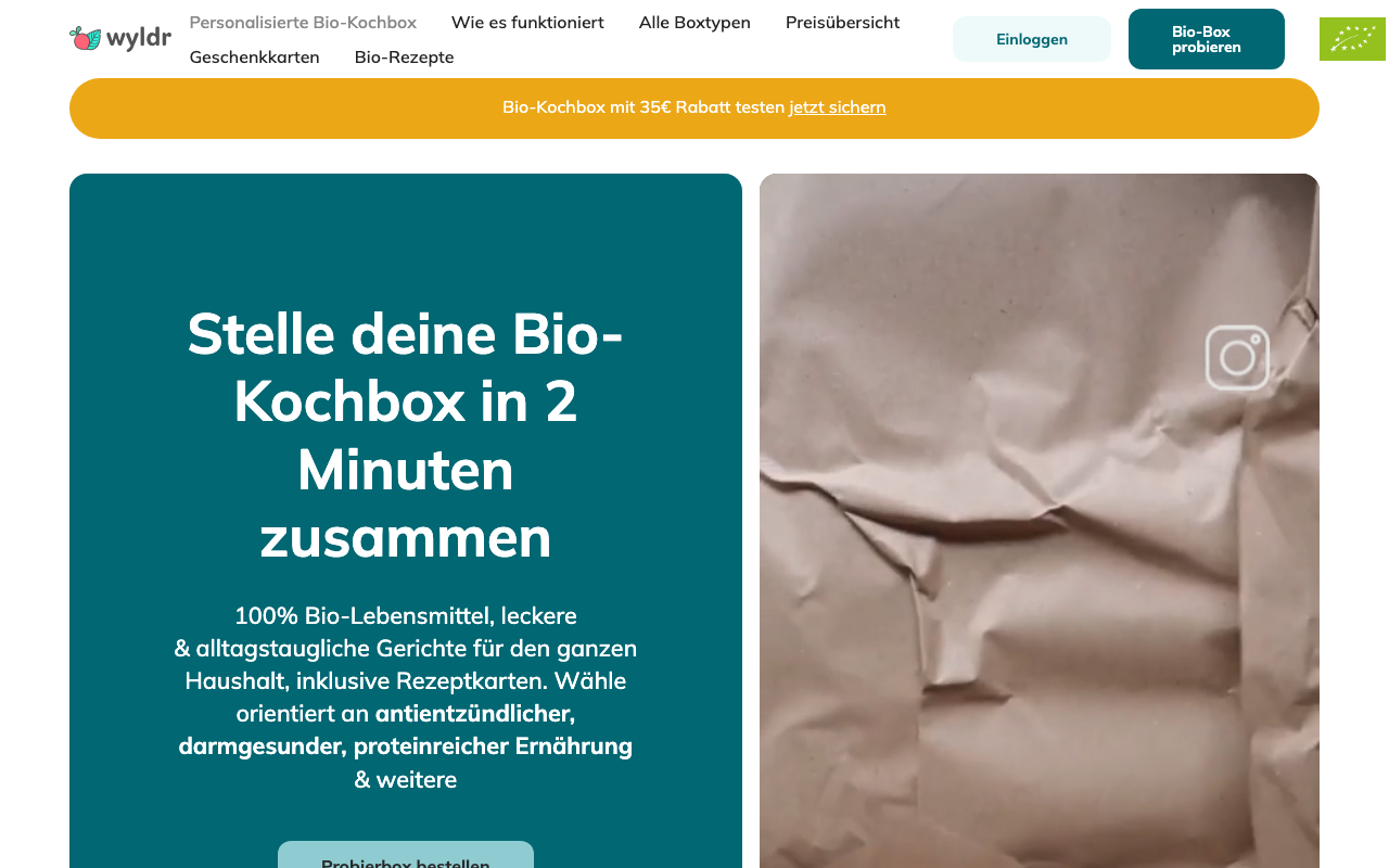 wyldr Bio-Kochbox Homepage Screenshot 2026