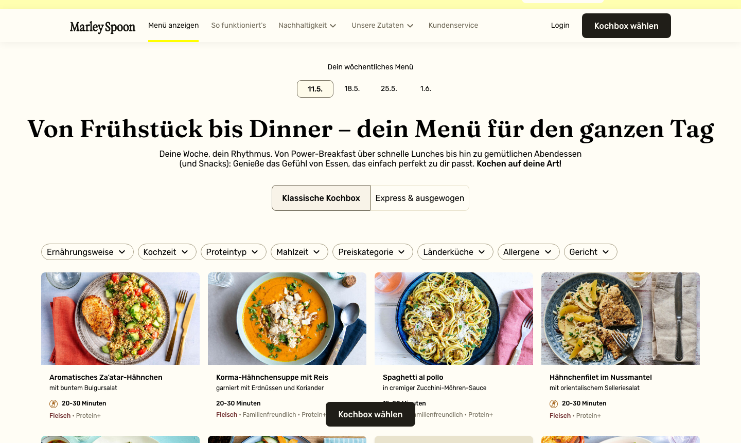 Screenshot der Marley Spoon Menü-Seite mit allen Filteroptionen und Rezeptkarten