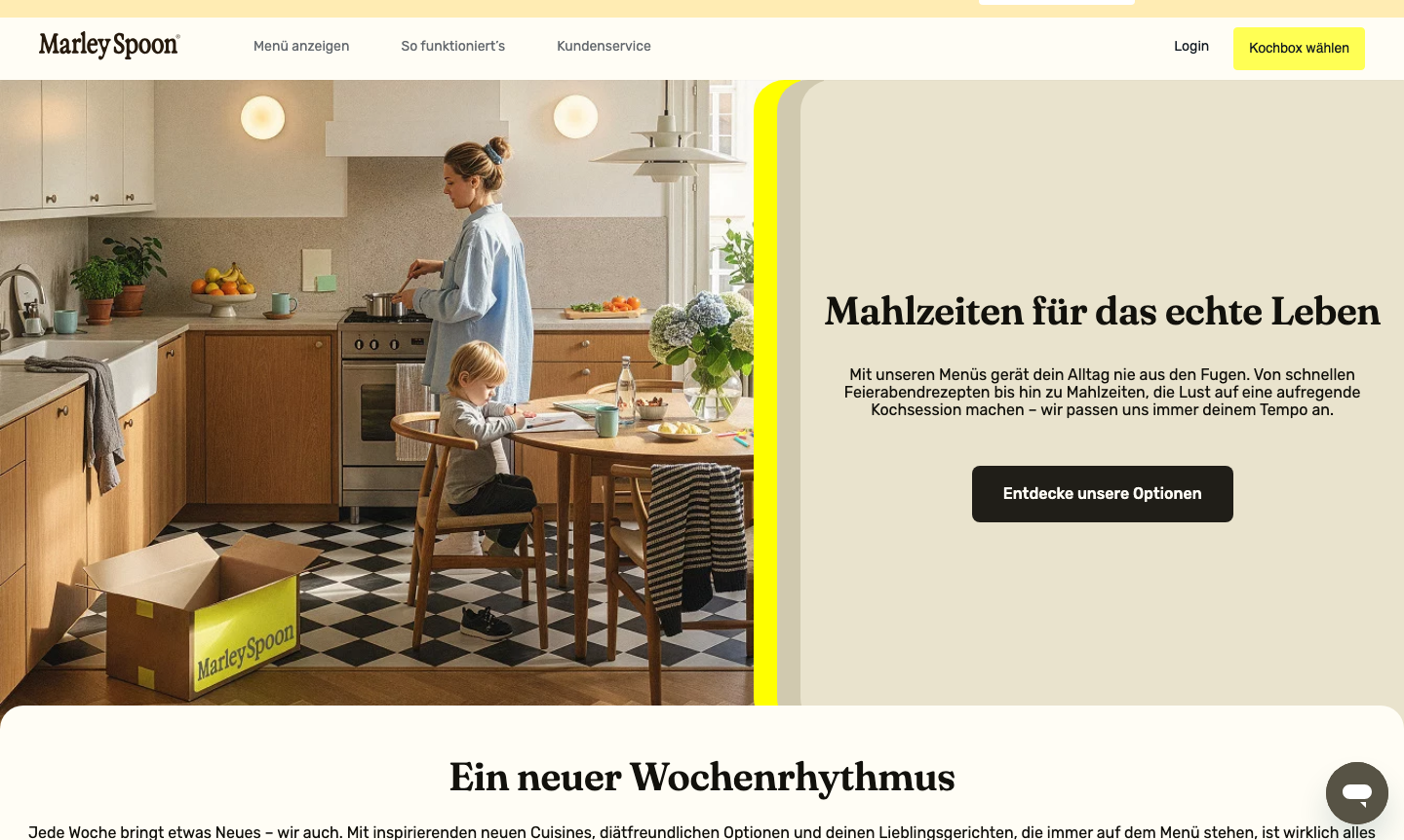 Screenshot der Marley Spoon Homepage: Mahlzeiten für das echte Leben