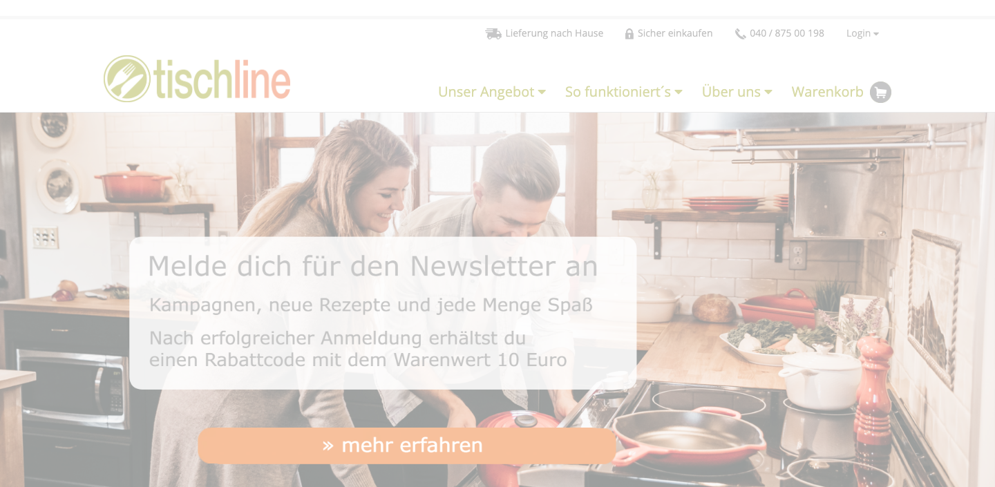 Die Tischline-Website mit ihrem Angebot an Kochboxen, Rezepten und Lieferoptionen