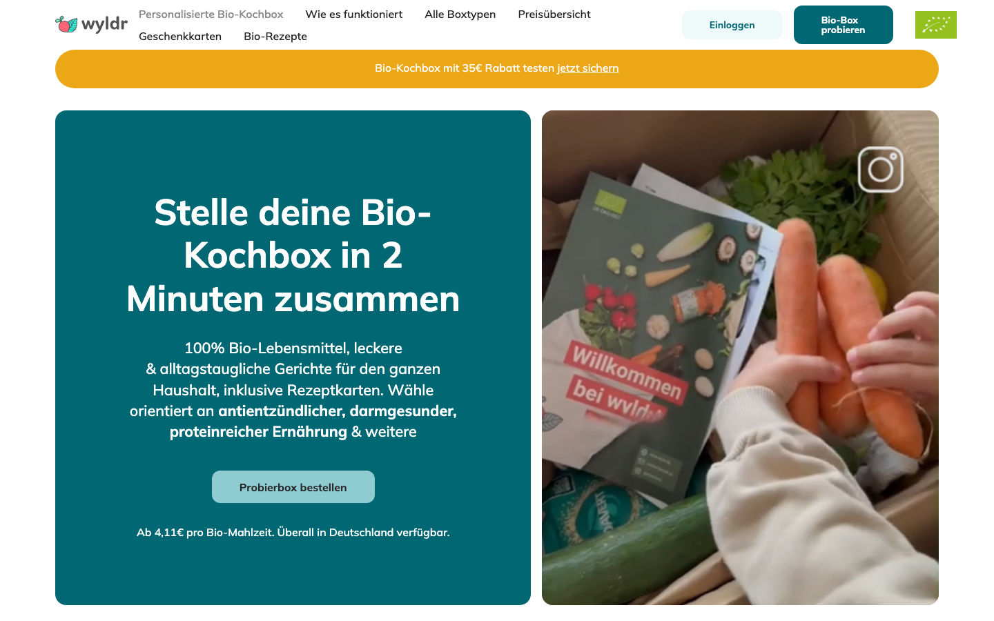 wyldr-bio.de Homepage: Bio Kochbox mit personalisierten Rezepten ab 4,11 Euro