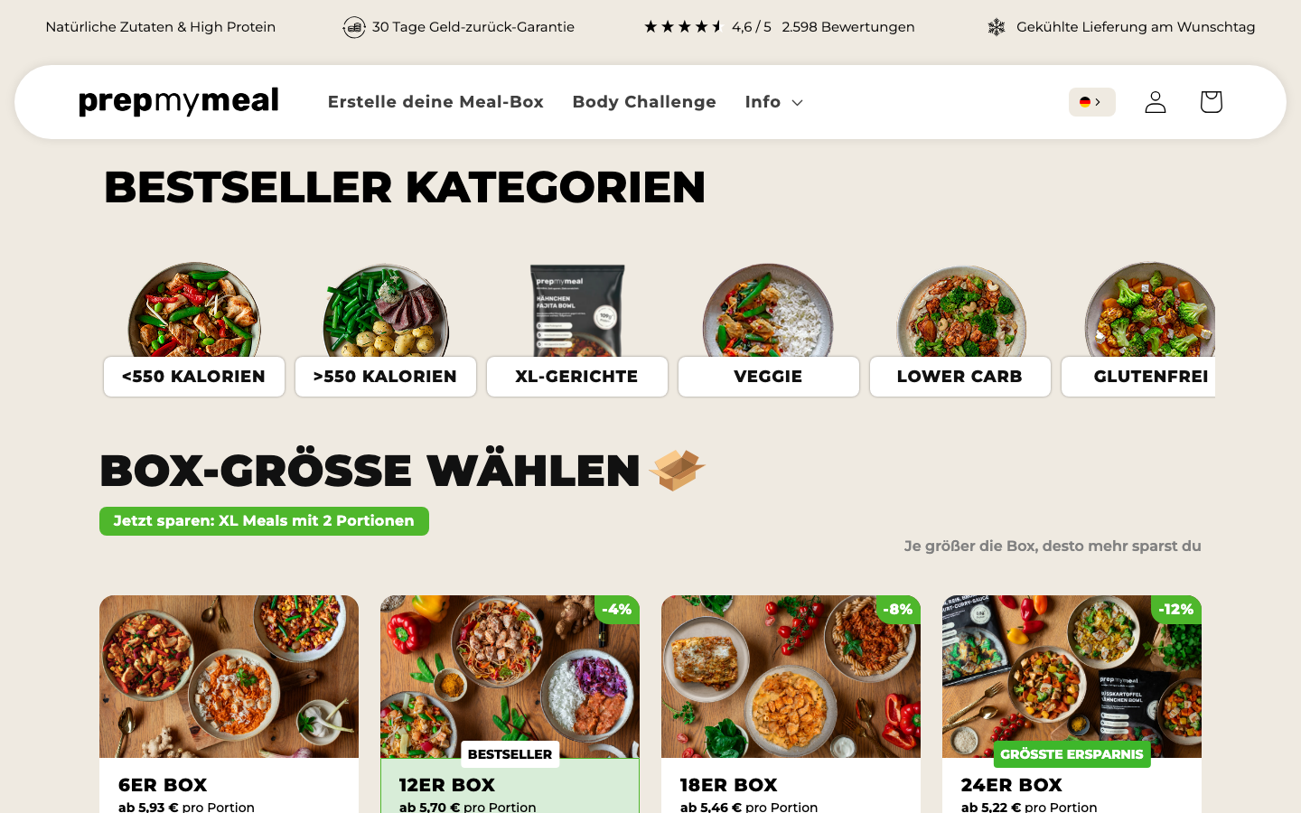 PrepMyMeal Startseite mit Boxgrößen und Preisen pro Portion
