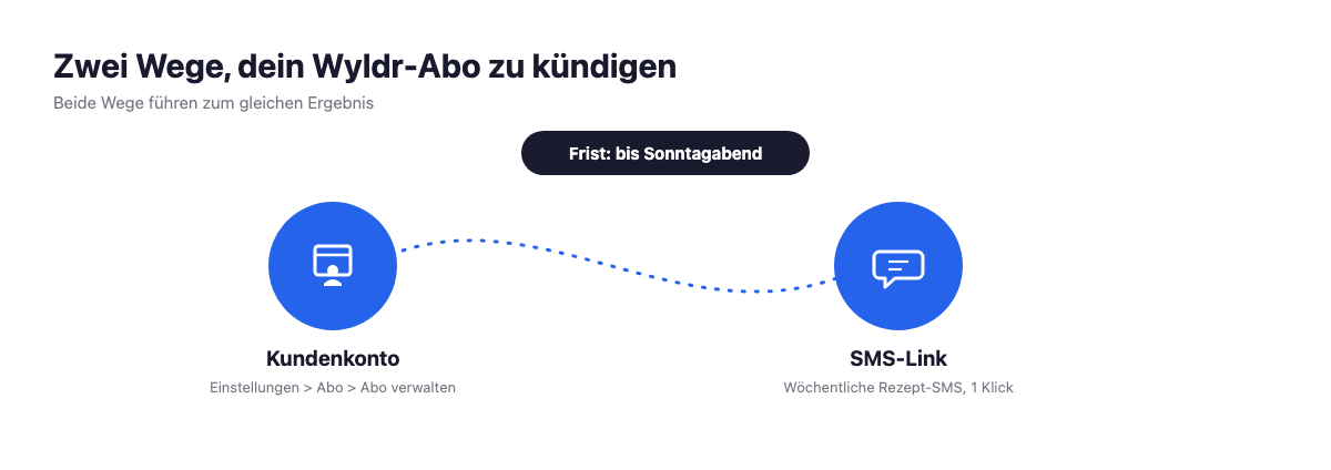 Die zwei Wege, ein Wyldr-Abo zu kündigen: Kundenkonto und SMS-Link