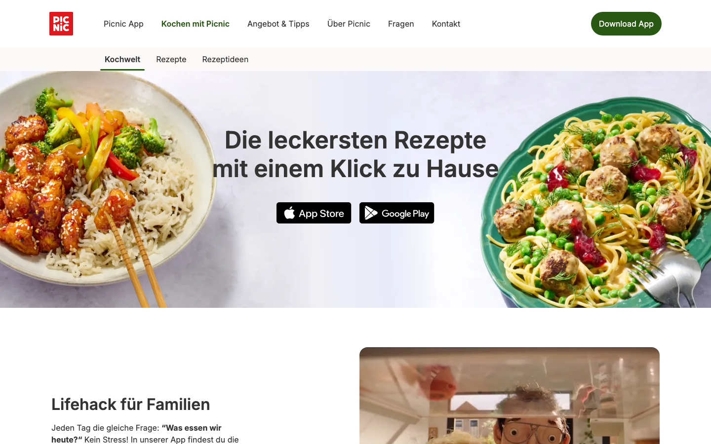 Screenshot der Picnic-App-Seite Kochen mit Picnic mit Rezeptauswahl
