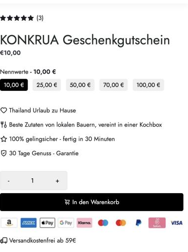 KONKRUA Geschenkgutschein mit Nennwerten 10 bis 100 Euro und Versandkostenfrei ab 59 Euro